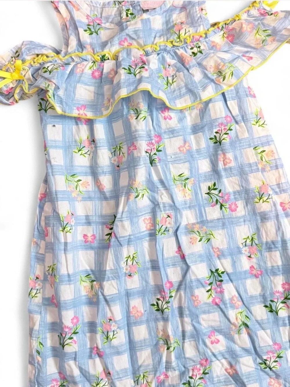 Youngland‎ Girls Size 5 Blue Floral Checkered Summer Vacation Dress